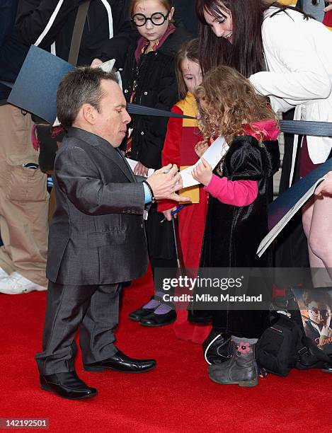 Warwick Davies attends the grand opening of Warner Bros Studio Tour London at Leavesden Studios on March 31, 2012 in Watford, England.