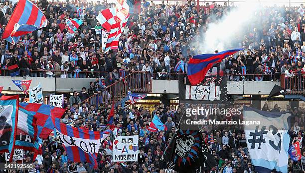 Fans of Catania during the Serie A match between Catania Calcio and AC Milan at Stadio Angelo Massimino on March 31, 2012 in Catania, Italy.