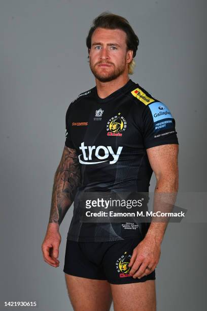 Stuart Hogg of Exeter Chiefs poses for a portrait during the squad photocall for the 2022-2023 Gallagher Premiership Rugby season at Sandy Park on...