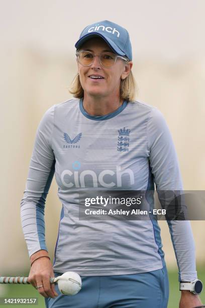 Head coach of England's Women team Lisa Keightley during a nets and training session at Seat Unique Riverside on September 08, 2022 in...