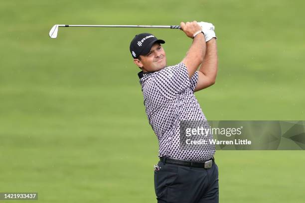 Patrick Reed of The United States plays their second shot on the 4th hole during Day One of the BMW PGA Championship at Wentworth Golf Club on...