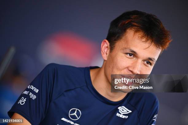 Alexander Albon of Thailand and Williams talks to the media in the paddock during previews ahead of the F1 Grand Prix of Italy at Autodromo Nazionale...