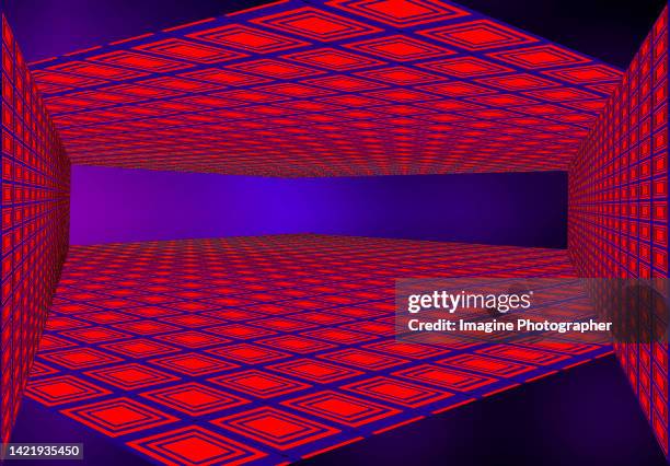 3d showroom, futuristic red graphic grid pattern frame on blue gradient background. - virtual ceremony stock pictures, royalty-free photos & images