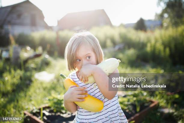 happy cute girl child with down syndrome with zucchini harvest in garden. - disability choicepix stock pictures, royalty-free photos & images