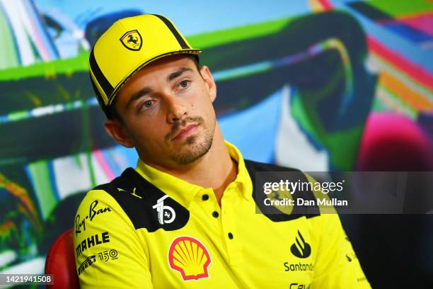 Charles Leclerc of Monaco and Ferrari talks in the drivers press conferenc during previews ahead of the F1 Grand Prix of Italy at Autodromo Nazionale...