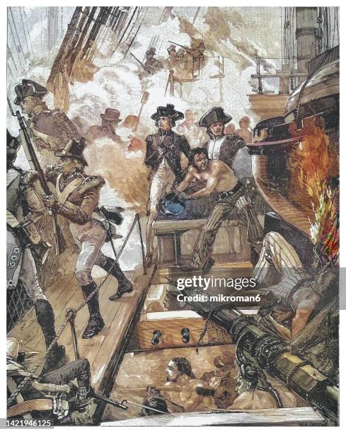 old engraved illustration of the battle of trafalgar (october 21, 1805), naval engagement between the british royal navy and the combined fleets of the french and spanish navies - napoleonic wars stock pictures, royalty-free photos & images