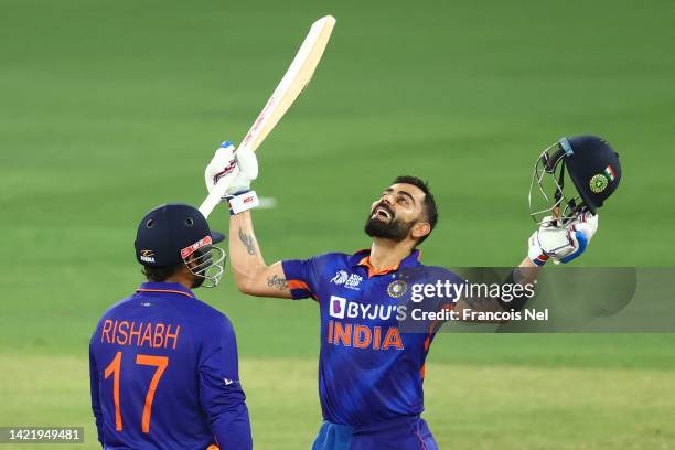 Virat Kohli of India celebrates after reaching his century during the DP World Asia Cup match between India and Afghanistan at Dubai Cricket Stadium...