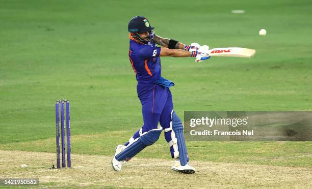 Virat Kohli of India bats during the DP World Asia Cup match between India and Afghanistan at Dubai Cricket Stadium on September 08, 2022 in Dubai,...