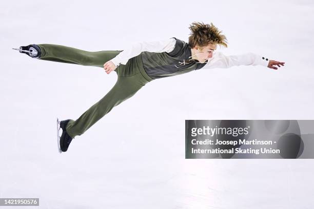 Grayson Long of Canada compete in the Junior Men's Short Program during the ISU Junior Grand Prix of Figure Skating at Volvo Sporta Centrs on...