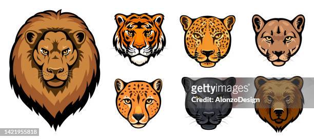 wilde tierköpfe. maskottchen kreatives design. - lion tattoo stock-grafiken, -clipart, -cartoons und -symbole