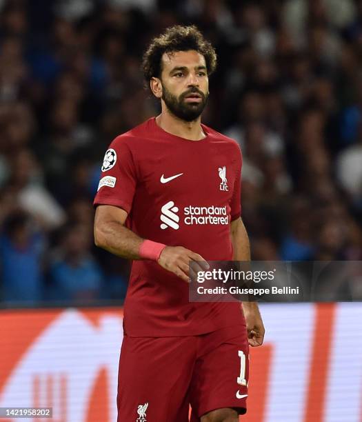 Mohamed Salah of Liverpool FC looks on during the UEFA Champions League group A match between SSC Napoli and Liverpool FC at Stadio Diego Armando...