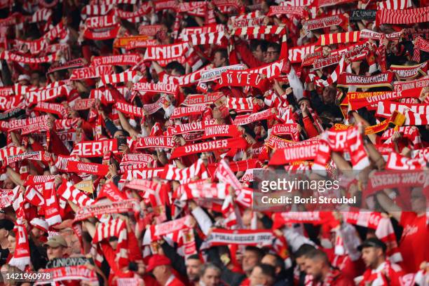 Union Berlin fans show their support with scarves prior to the UEFA Europa League group D match between 1. FC Union Berlin and Royale Union...