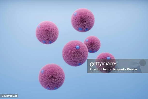 3d render of many spheres with hairs and small molecules inside, pink and blue color - small molecule stock pictures, royalty-free photos & images