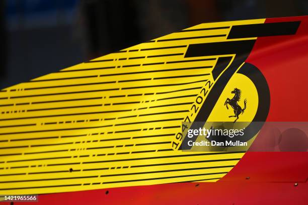 Ferrari 75th Anniversary branding is pictured in the Paddock during previews ahead of the F1 Grand Prix of Italy at Autodromo Nazionale Monza on...