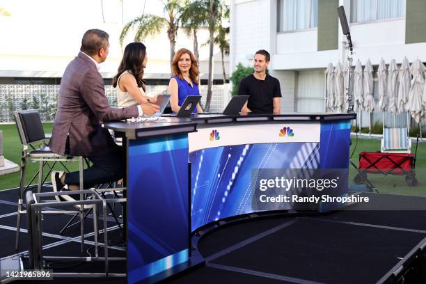 Carl Quintanilla, Deirdre Bosa, Julia Boorstin, and Snap Inc. CEO Evan Spiegel speak onstage Vox Media's 2022 Code Conference - Day 2 on September...