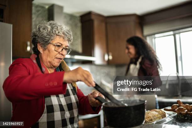 senior woman preparing food at kitchen counter at home - latijns amerikaanse etniciteiten stockfoto's en -beelden