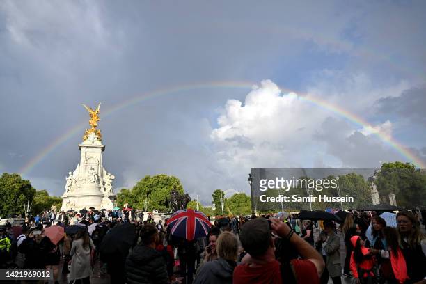 Rainbow fills the sky outside of Buckingham Palace on September 08, 2022 in London, England. Buckingham Palace issued a statement earlier today...
