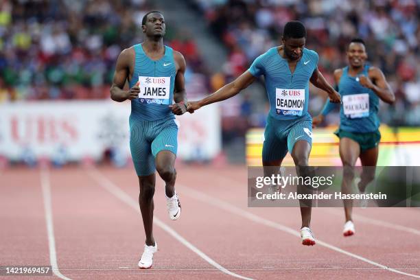 Kirani James of Grenada crosses the finish line to win Men's 400 Metres before Bryce Deadmon of United States during the Weltklasse Zurich 2022, part...