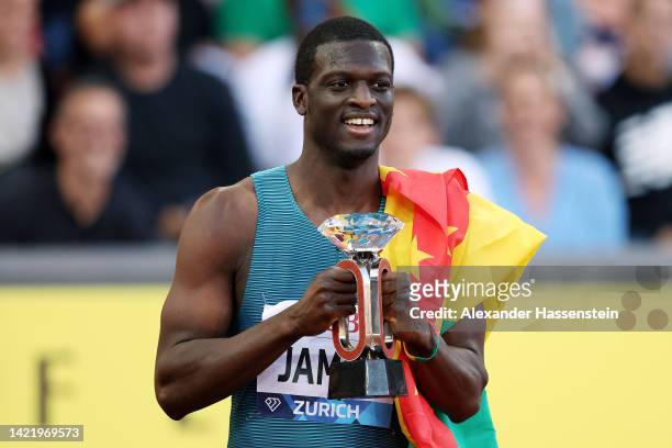 Kirani James of Grenada celebrates with the trophy following their victory in Men's 400 Metres during the Weltklasse Zurich 2022, part of the 2022...