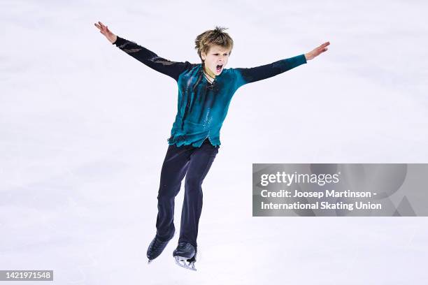 Kirk Haugeto of the United States competes in the Junior Men's Short Program during the ISU Junior Grand Prix of Figure Skating at Volvo Sporta...