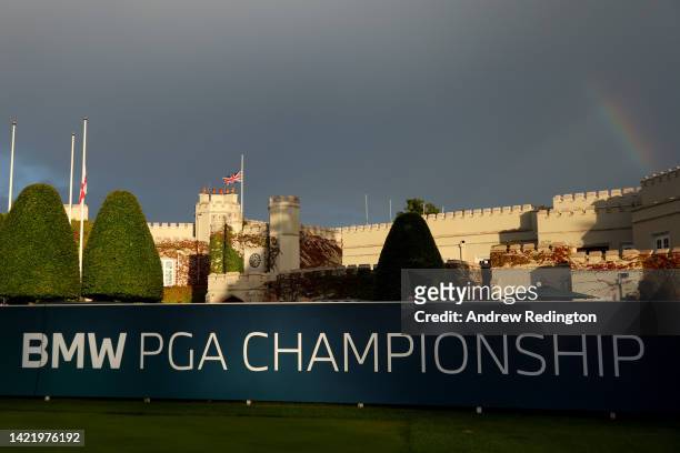 Rainbow is seen as flags are flown at half-mast at the 1st tee following the announcement of the death of Her Majesty Queen Elizabeth II during Day...