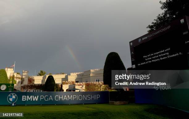 Rainbow is seen as flags are flown at half-mast at the 1st tee following the announcement of the death of Her Majesty Queen Elizabeth II during Day...