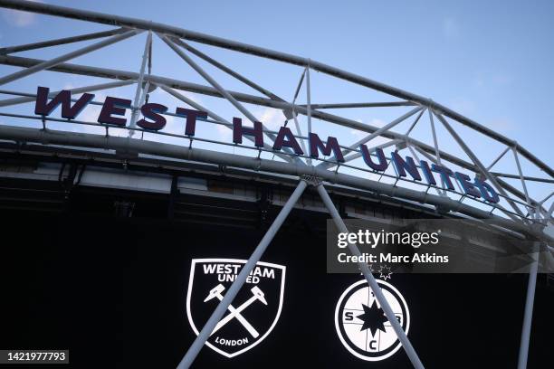 The LED board turns black and white outside the stadium after it was announced that Queen Elizabeth II has passed away today prior to the UEFA Europa...