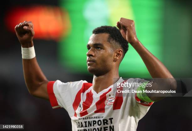 Cody Gakpo of PSV Eindhoven celebrates after scoring their team's first goal during the UEFA Europa League group A match between PSV Eindhoven and FK...