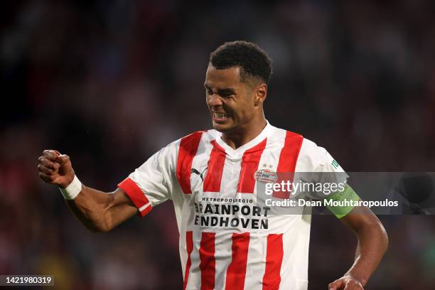 Cody Gakpo of PSV Eindhoven celebrates after scoring their team's first goal during the UEFA Europa League group A match between PSV Eindhoven and FK...