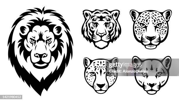 stockillustraties, clipart, cartoons en iconen met big cats head tattoo. mascot creative design. - leopard face