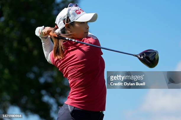 Moriya Jutanugarn of Thailand plays her shot from the 13th tee during the first round of the Kroger Queen City Championship presented by P&G at...