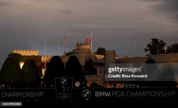 Union Flag flying at half mast above the clubhouse during Day One of the BMW PGA Championship at Wentworth Golf Club on September 08, 2022 in...