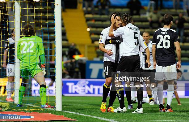 Sergio Floccari and Cristian Zaccardo of Parma FC celebrates scoring the third goal during the Serie A match between Parma FC and SS Lazio at Stadio...
