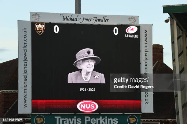 An LED screen displays a memorial image after it was announced that Queen Elizabeth II has passed away today, prior to the Premiership Rugby Cup...
