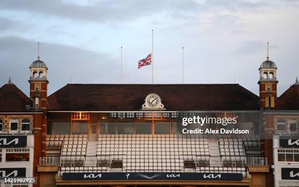 The Union Jack is seen at half-mast after it was announced that Queen Elizabeth II has passed away today after Day One of the Third LV= Insurance...