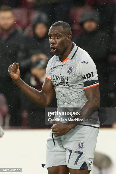 Stefano Okaka of Istanbul Basaksehir celebrates after scoring their team's third goal during the UEFA Europa Conference League group A match between...