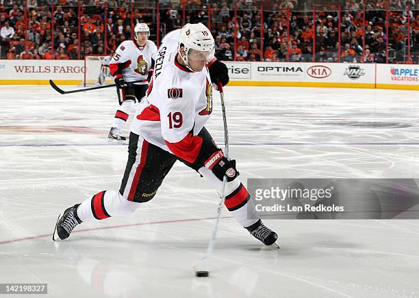 Jason Spezza of the Ottawa Senators shoots the puck against the Philadelphia Flyers on March 31, 2012 at the Wells Fargo Center in Philadelphia,...