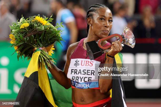 Shelly-Ann Fraser-Pryce of Jamaica celebrates following their victory in Women's 100 Metres during the Weltklasse Zurich 2022, part of the 2022...