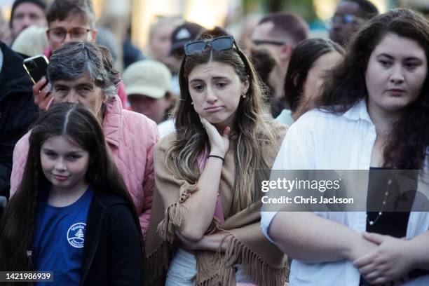 Mourners gather outside Windsor Castle on September 08, 2022 in Windsor, England. Elizabeth Alexandra Mary Windsor was born in Bruton Street,...