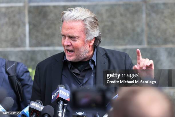 Steve Bannon, former advisor to former President Donald Trump speaks to members of the media after his arrangement in NYS Supreme Court on September...