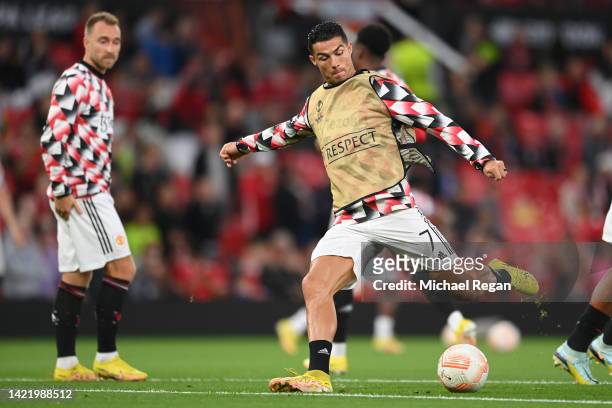 Cristiano Ronaldo of Manchester United warms up prior to the UEFA Europa League group E match between Manchester United and Real Sociedad at Old...
