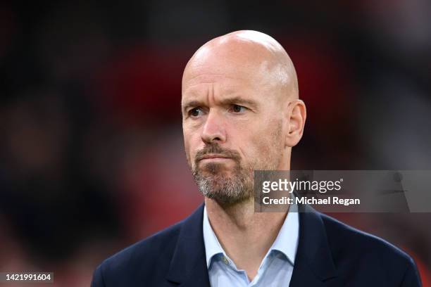 Erik ten Hag, Manager of Manchester United looks on prior to the UEFA Europa League group E match between Manchester United and Real Sociedad at Old...