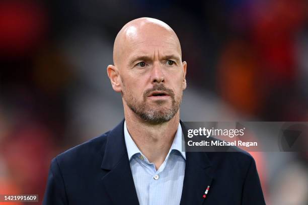 Erik ten Hag, Manager of Manchester United looks on prior to the UEFA Europa League group E match between Manchester United and Real Sociedad at Old...