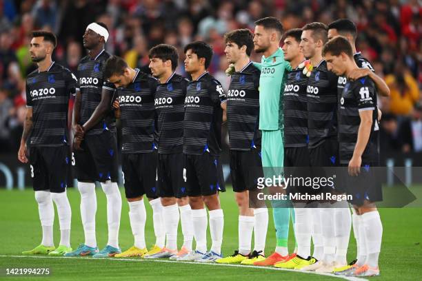 Players of Real Sociedad observe a minutes silence after it was announced that Queen Elizabeth II has passed away today prior to the UEFA Europa...