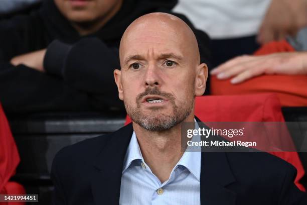 Erik ten Hag, Manager of Manchester United looks on prior to the UEFA Europa League group E match between Manchester United and Real Sociedad at Old...