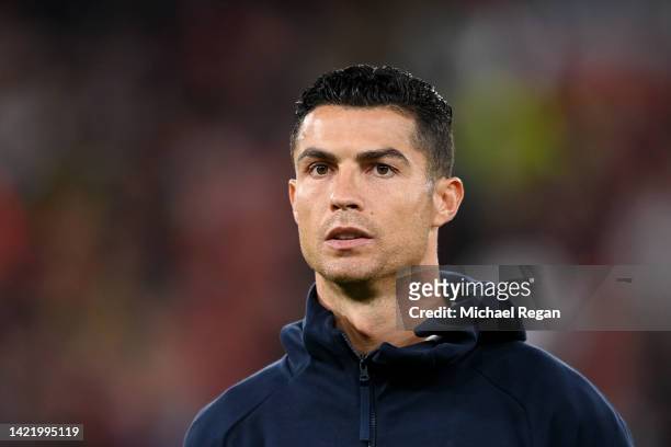 Cristiano Ronaldo of Manchester United looks on while lining up prior to the UEFA Europa League group E match between Manchester United and Real...