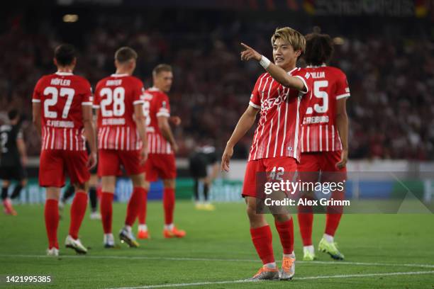 Ritsu Doan of SC Freiburg celebrates after scoring their team's second goal during the UEFA Europa League group G match between Sport-Club Freiburg...