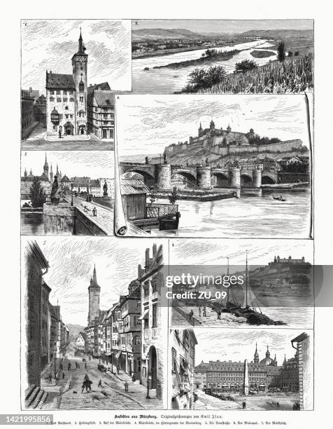 historische ansichten von würzburg, bayern, deutschland, holzstich, veröffentlicht 1885 - main stock-grafiken, -clipart, -cartoons und -symbole