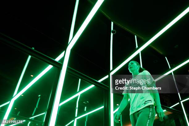 Sue Bird of the Seattle Storm walks to the locker room before Game Four of the 2022 WNBA Playoffs semifinals against the Las Vegas Aces at Climate...