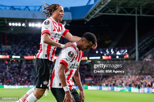 Cody Gakpo of PSV Eindhoven is celebrating his goal with Xavi Simons of PSV Eindhoven during the Group A - UEFA Europa League match between PSV and...